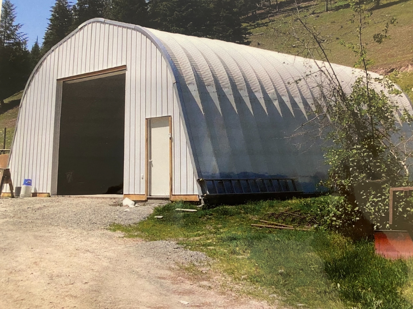 A Series steel building with open bay door in wooded rural setting