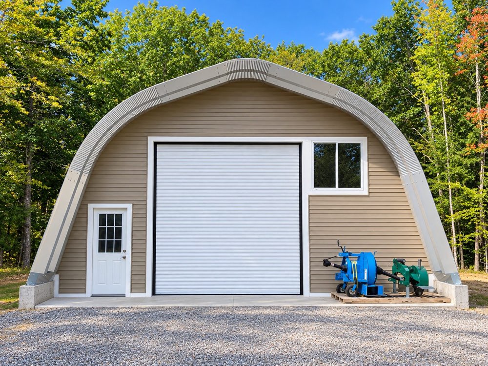 Q Series rounded-arch steel building with a large roll-up door, a walk-in door and a window, set among trees